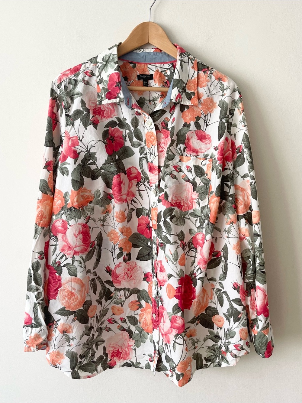 Talbots Button-Front Floral Shirt with Pink Orange Roses Blouse Long Sleeve 20W